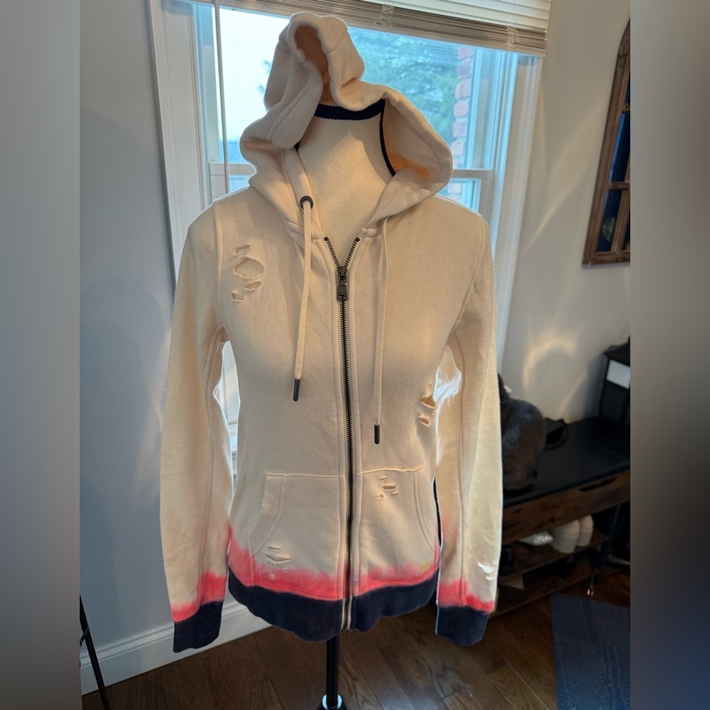 Butter Super Soft Cream Zip Hoodie wPink Dip-Dye  Navy Trim Size XS has stretch